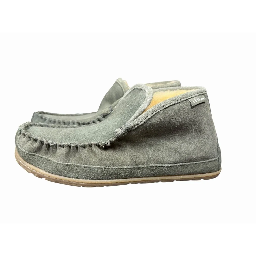 L.L. Bean Wicked Good Boot Moc Slippers Mens 9M Gray Suede Shearling Lined Cozy‎